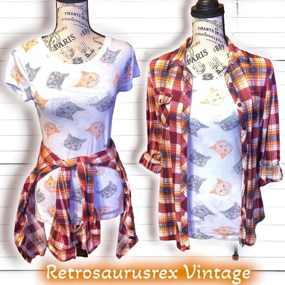 𝅺bundle Deal! Wound Up Cat Tee Shirt /  RNB Plaid Flannel Back to School Bundle - Picture 1 of 9